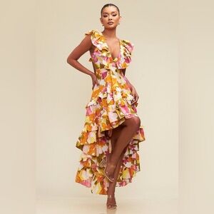 Ruffled High-Low Floral Maxi Dress in Pink & Yellow